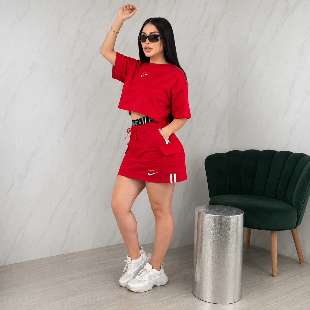Conjuntos Deportivo de 2 Piezas: Pullover Crop y Falda Short con Bolsillo-Talla Unica(s/m)